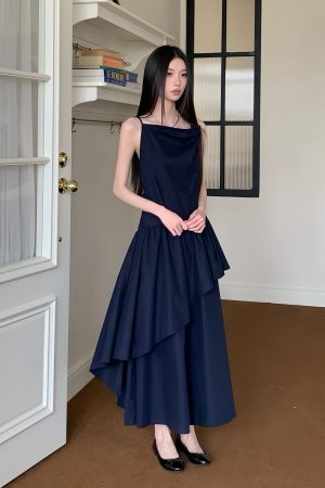 Draped Off-Shoulder Moonlit Blue Cotton Dress for Summer | Understated Daily Style | Perfect for 90s and Y2K Fashion Lovers
