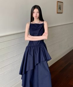 Draped Off-Shoulder Moonlit Blue Cotton Dress for Summer | Understated Daily Style | Perfect for 90s and Y2K Fashion Lovers