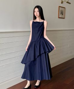 Draped Off-Shoulder Moonlit Blue Cotton Dress for Summer | Understated Daily Style | Perfect for 90s and Y2K Fashion Lovers