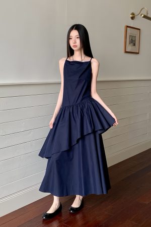 Draped Off-Shoulder Moonlit Blue Cotton Dress for Summer | Understated Daily Style | Perfect for 90s and Y2K Fashion Lovers