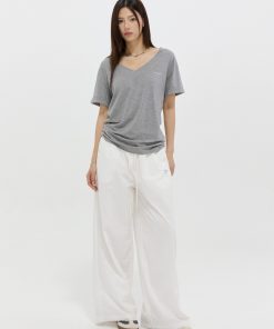 Draped V-Neck Short Sleeve T-Shirt for Women - Summer Basic Versatile Loose Style Top, Casual Everyday Wear