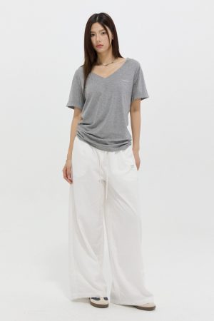 Draped V-Neck Short Sleeve T-Shirt for Women - Summer Basic Versatile Loose Style Top, Casual Everyday Wear