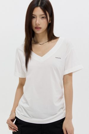 Draped V-Neck Short Sleeve T-Shirt for Women - Summer Basic Versatile Loose Style Top, Casual Everyday Wear