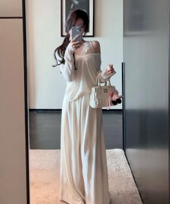 Draped Velvet White Wide-Leg Pants for Women, Slimming High-Waist Floor-Length Casual Trousers, 2025 Spring Fashion