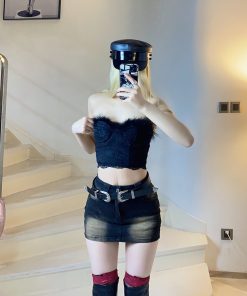 Dreamlike Splendor Sexy Feather Lace Spliced Elastic Slim Fit Short Tube Top for Y2K Fashion