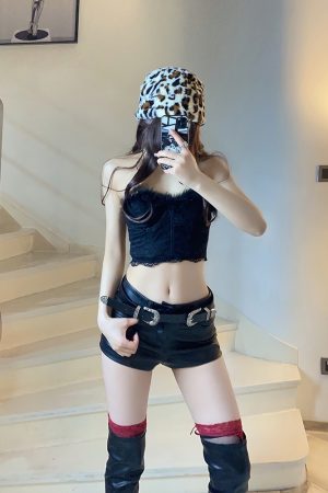 Dreamlike Splendor Sexy Feather Lace Spliced Elastic Slim Fit Short Tube Top for Y2K Fashion