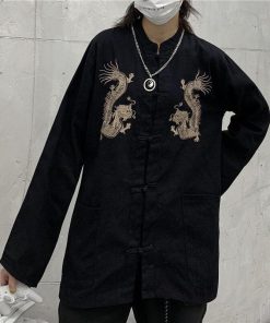 Dress And Docs Outfit, Aesthetic Outfits With Doc Martens - Dragon Embroidery Mandarin Collar Shirt