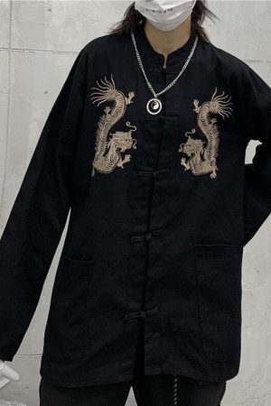 Dress And Docs Outfit, Aesthetic Outfits With Doc Martens - Dragon Embroidery Mandarin Collar Shirt