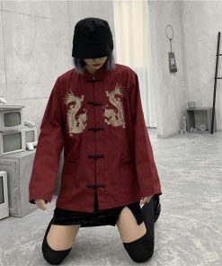 Dress And Docs Outfit, Aesthetic Outfits With Doc Martens - Dragon Embroidery Mandarin Collar Shirt