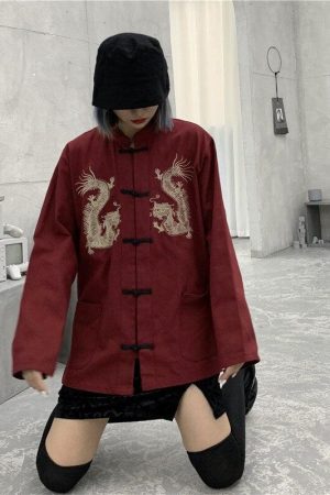 Dress And Docs Outfit, Aesthetic Outfits With Doc Martens - Dragon Embroidery Mandarin Collar Shirt