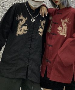 Dress And Docs Outfit, Aesthetic Outfits With Doc Martens - Dragon Embroidery Mandarin Collar Shirt