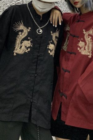 Dress And Docs Outfit, Aesthetic Outfits With Doc Martens - Dragon Embroidery Mandarin Collar Shirt