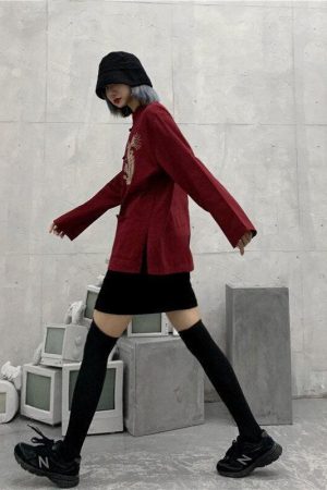 Dress And Docs Outfit, Aesthetic Outfits With Doc Martens - Dragon Embroidery Mandarin Collar Shirt