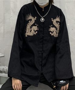 Dress And Docs Outfit, Aesthetic Outfits With Doc Martens - Dragon Embroidery Mandarin Collar Shirt