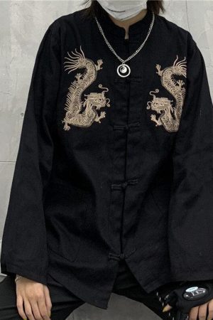 Dress And Docs Outfit, Aesthetic Outfits With Doc Martens - Dragon Embroidery Mandarin Collar Shirt