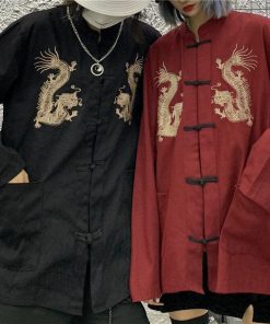 Dress And Docs Outfit, Aesthetic Outfits With Doc Martens - Dragon Embroidery Mandarin Collar Shirt