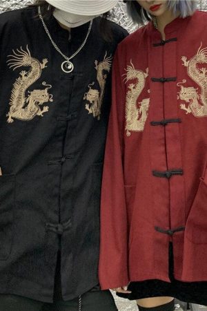 Dress And Docs Outfit, Aesthetic Outfits With Doc Martens - Dragon Embroidery Mandarin Collar Shirt