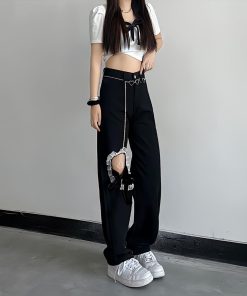 Easy Cute Outfit Ideas, Flirty Fashion Aesthetic - Lace Up Knee Washed Jeans