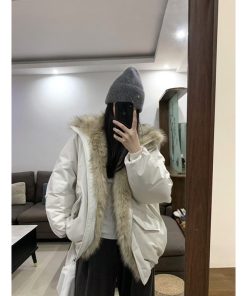 Eco-Friendly Faux Fur Collar Down Jacket for Women, Stand-Up Collar Zipper Coat, White Duck Down, Winter 2025 Fashion