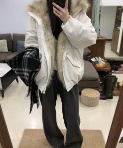Eco-Friendly Faux Fur Collar Down Jacket for Women, Stand-Up Collar Zipper Coat, White Duck Down, Winter 2025 Fashion