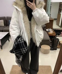 Eco-Friendly Faux Fur Collar Down Jacket for Women, Stand-Up Collar Zipper Coat, White Duck Down, Winter 2025 Fashion