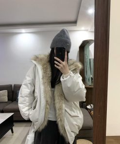 Eco-Friendly Faux Fur Collar Down Jacket for Women, Stand-Up Collar Zipper Coat, White Duck Down, Winter 2025 Fashion