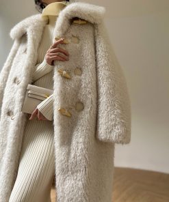 Eco-Friendly Faux Fur Lamb Wool Long Winter Coat - Loose Fit, Warm, Thick, Evening Snow White, Perfect for Cold Weather Fashion