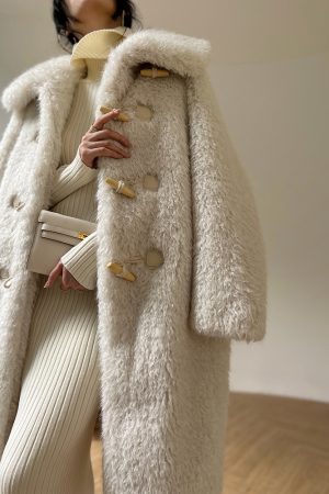 Eco-Friendly Faux Fur Lamb Wool Long Winter Coat - Loose Fit, Warm, Thick, Evening Snow White, Perfect for Cold Weather Fashion