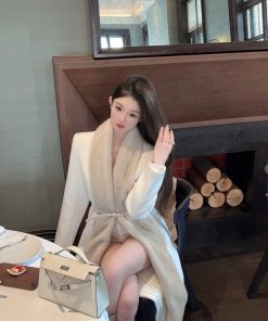 Eco-Friendly Water Mink Fur Collar White Imitation Cashmere Long Women's Winter Coat with Belt, Chic and Stylish Outerwear for Winter