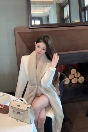 Eco-Friendly Water Mink Fur Collar White Imitation Cashmere Long Women's Winter Coat with Belt, Chic and Stylish Outerwear for Winter