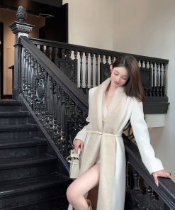 Eco-Friendly Water Mink Fur Collar White Imitation Cashmere Long Women's Winter Coat with Belt, Chic and Stylish Outerwear for Winter