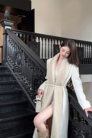 Eco-Friendly Water Mink Fur Collar White Imitation Cashmere Long Women's Winter Coat with Belt, Chic and Stylish Outerwear for Winter