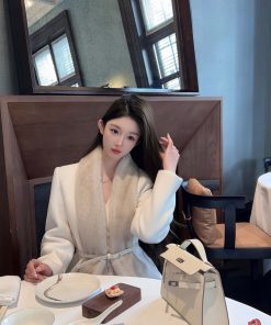 Eco-Friendly Water Mink Fur Collar White Imitation Cashmere Long Women's Winter Coat with Belt, Chic and Stylish Outerwear for Winter