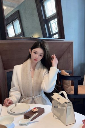 Eco-Friendly Water Mink Fur Collar White Imitation Cashmere Long Women's Winter Coat with Belt, Chic and Stylish Outerwear for Winter