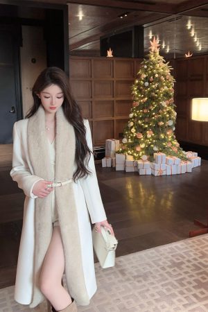Eco-Friendly Water Mink Fur Collar White Imitation Cashmere Long Women's Winter Coat with Belt, Chic and Stylish Outerwear for Winter