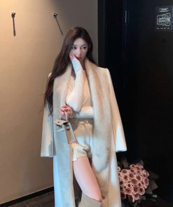 Eco-Friendly Water Mink Fur Collar White Imitation Cashmere Long Women's Winter Coat with Belt, Chic and Stylish Outerwear for Winter