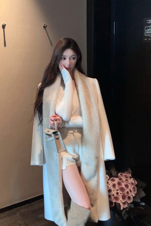 Eco-Friendly Water Mink Fur Collar White Imitation Cashmere Long Women's Winter Coat with Belt, Chic and Stylish Outerwear for Winter