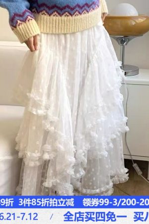 Eden Ballet Style Heavy Lace Midi Skirt - Irregular Loose A-Line Design for Versatile 90s-Inspired Fashion