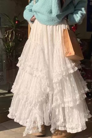 Eden Ballet Style Heavy Lace Midi Skirt - Irregular Loose A-Line Design for Versatile 90s-Inspired Fashion