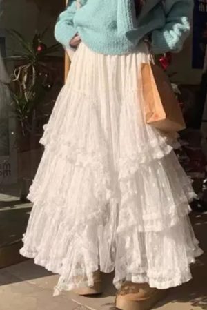 Eden Ballet Style Heavy Lace Midi Skirt - Irregular Loose A-Line Design for Versatile 90s-Inspired Fashion