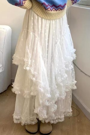 Eden Ballet Style Heavy Lace Midi Skirt - Irregular Loose A-Line Design for Versatile 90s-Inspired Fashion