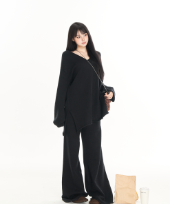 Effortless Street Style Women's Two-Piece Set - Soft V-Neck Knitted Sweater & Casual Pants - Autumn Winter Fashion