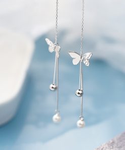 Electroplated 925 Sterling Silver Butterfly Pearl Tassel Earrings â€“ Unique Long Design for a Slim Face, Boho Chic Style