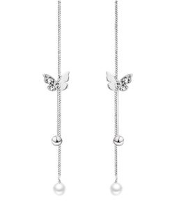 Electroplated 925 Sterling Silver Butterfly Pearl Tassel Earrings â€“ Unique Long Design for a Slim Face, Boho Chic Style