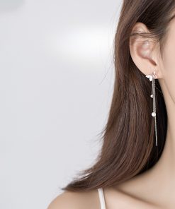 Electroplated 925 Sterling Silver Butterfly Pearl Tassel Earrings â€“ Unique Long Design for a Slim Face, Boho Chic Style