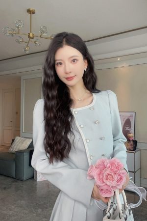 Elegant A-Line High Waist Skirt and French Long Sleeve Coat Two-Piece Set for Women - Casual 90s Inspired Fashion