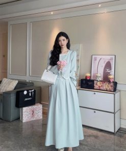 Elegant A-Line High Waist Skirt and French Long Sleeve Coat Two-Piece Set for Women - Casual 90s Inspired Fashion