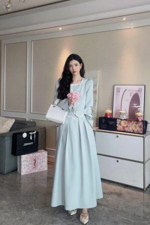 Elegant A-Line High Waist Skirt and French Long Sleeve Coat Two-Piece Set for Women - Casual 90s Inspired Fashion