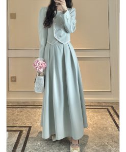 Elegant A-Line High Waist Skirt and French Long Sleeve Coat Two-Piece Set for Women - Casual 90s Inspired Fashion