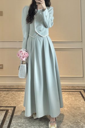 Elegant A-Line High Waist Skirt and French Long Sleeve Coat Two-Piece Set for Women - Casual 90s Inspired Fashion